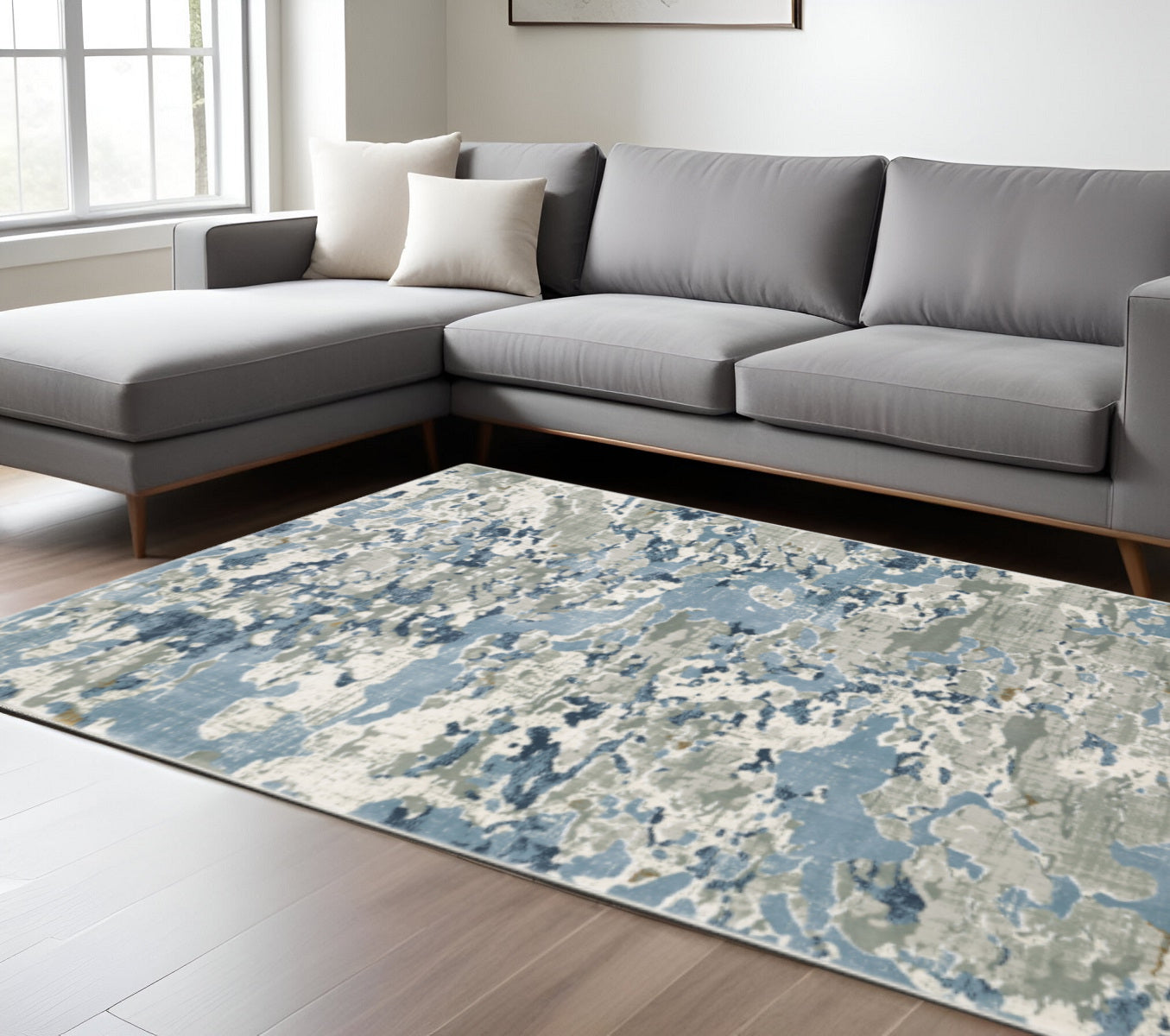 10' X 13' Grey Blue Ivory Navy Beige And Brown Abstract Power Loom Stain Resistant Area Rug-0