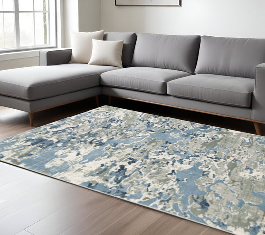 10' X 13' Grey Blue Ivory Navy Beige And Brown Abstract Power Loom Stain Resistant Area Rug-0